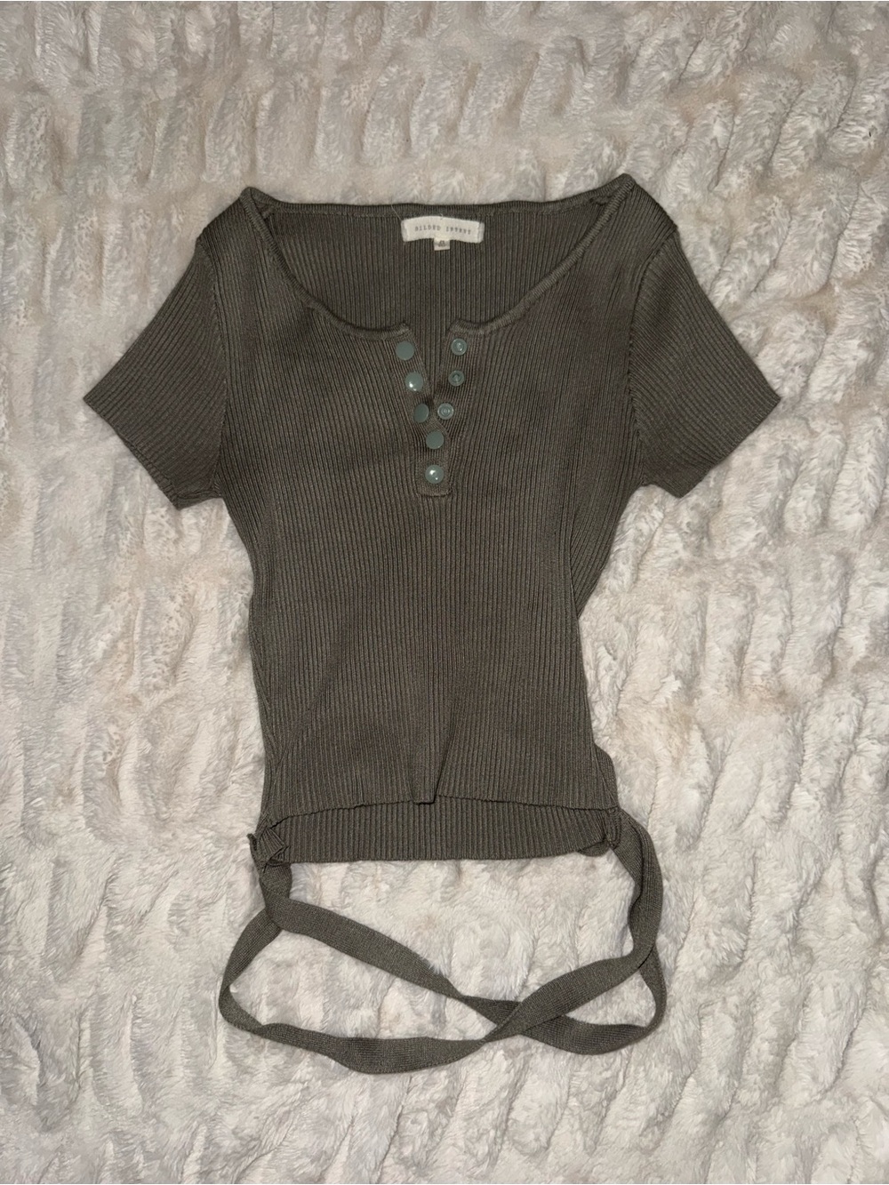 Buckle Olive Ribbed Henley Crop Top with Waist Ties